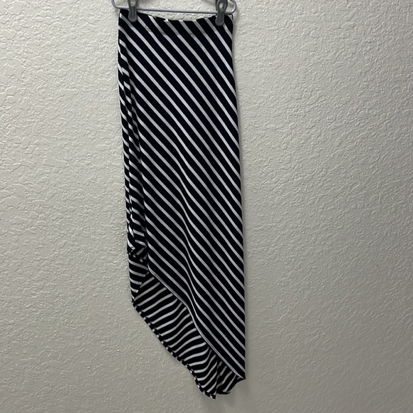 Navy & White Size Small Stretchy High Waist Maxi High-Low Long Skirt Side Slit - Picture 2 of 4